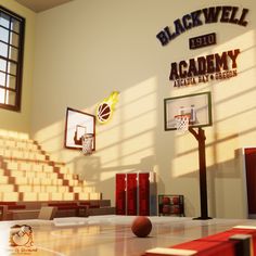 an indoor basketball court with the words blackwell academy on it's side wall