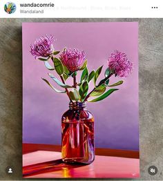 a painting of pink flowers in a glass vase