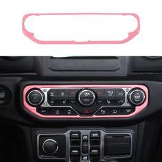 the interior of a car with pink trims and buttons on it's dash board