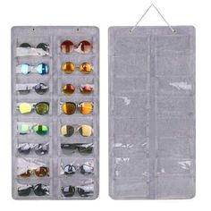 an open case with sunglasses and other items in it