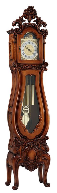 an ornate wooden grandfather clock with mirror on the front and sides, isolated against a white background