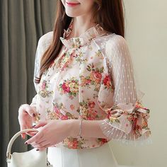 Women Blouse Shirt Patchwork Women Printed Chiffon Blouse Shirt Tops New Spring Summer Shirt Casual Chiffon Blouse Blusas 4068 Casual Chiffon Blouse, Chiffon Lace Blouse, Shirt Patchwork, Printed Chiffon Blouse, Chiffon Shirt Blouse, Casual Party Dresses, Dress Stand, Model Outfits, Women Blouse