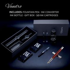 an assortment of fountain pens and ink cartridges in a black box with the caption vadoro includes fountain pen ink converter ink bottle, gift box, 10 ink cartridges