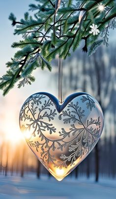 a heart shaped ornament hanging from a tree branch with the sun setting in the background