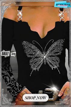 Boat Neck Jersey Butterfly Party T-shirt Butterfly Cut, Butterfly Party, Casual Weekend, Black Butterfly, Women Shirts Blouse, Blouse Black, Long Sleeve Casual, Boat Neck, Black Blouse