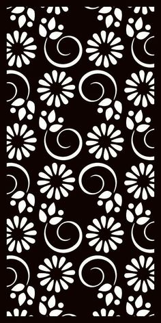 a black and white flower pattern with swirls on the bottom, as well as an oval