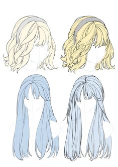 four different styles of wigs, each with long hair and blue eyes on them