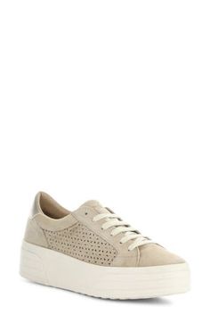 Contrasting accents and laser-cut detailing add street-savvy appeal to a low-profile sneaker grounded by a chunky platform sole. 2" heel; 1 1/2" platform Lace-up style Removable, cushioned insole allows for custom orthotics Leather upper/textile lining/rubber sole Made in Portugal Beige Suede Sneakers With Perforated Toe Box, Beige Low-top Sneakers With Perforations, Beige Lace-up Sneakers With Vented Sides, Beige Suede Sneakers With Perforations, Beige High-top Sneakers With Perforations, Beige Low-top Sneakers With Studded Rubber Outsoles, Trendy Suede Sneakers With Textured Sole, Spring Wedge Sneakers With Perforated Toe Box, Trendy Platform Sneakers With Perforations And White Sole