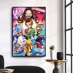 an anime poster hanging on the wall above a couch