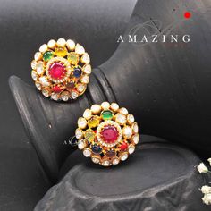 Navratna Stone Earring |Semi Precious Navaratna Earring | Moissanite Polki Earring | Indian Wedding Jewelry | Stud | Earring Material: Silver Gemstone: Moissanite, Semi Precious Navratna Stones  Stone colour:  Uncut Polki Primary colour: Gold Size-Length: 28mm Width: 28mm Closure: Screw back and Clips Silver Intricate, hand-crafted, Pure Silver Polki Earrings, studded with high-quality Semi Precious Navratna Stones, Earring comes with a screw back and clips, made in 92.5 silver with 22ct gold pl Yellow Gold Earrings For Wedding And Diwali, Traditional Yellow Gold Wedding Earrings, Yellow Gold Meenakari Earrings For Wedding, Yellow Gold Meenakari Wedding Earrings, Yellow Gold Cutdana Bridal Earrings For Wedding, Festive Fusion Bridal Earrings In Yellow Gold, Festive Yellow Gold Fusion Bridal Earrings, Fusion Kundan Bridal Earrings With Cutdana, Fusion Bridal Earrings With Kundan And Cutdana