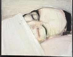 a drawing of a person laying down with their head on the wall and eyes closed