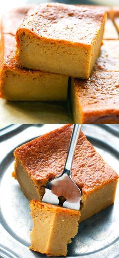 pumpkin spice magic custard cake on a plate