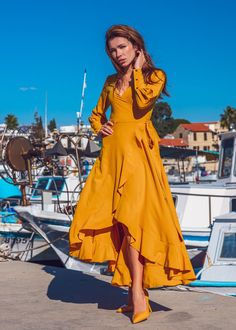 Yellow long wrap dress Wedding Guest Dress Maxi, Party Dress Formal, Maxi Party Dress, Wrap Dress Bridesmaid, Long Wrap Dress, Cocktail Dress Wedding Guest, Cotton Wrap Dress, Honey Yellow, Dress Wedding Guest