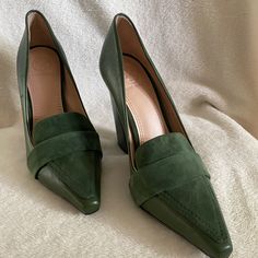 Brand New With Tag ( Never Worn) These Are Beautiful Green Leather With Suede Toe 5 Inch Block Heels. Purchased At Nordstrom Rack For $210.00. Size 7.5 As Shown In Picture And True To Size No Box Available Very Classy With Slacks, Skirts Or Dresses. Original Price $350.00 Elegant Green Court Shoes With 4-inch Heel, Green Square Toe Heels For Formal Occasions, Green Heels With Branded Heel Counter For Office, Green Block Heel Office Heels, Green Office Heels With Branded Heel Counter, Green Almond Toe Heels For Office, Elegant Green Square Toe Heels, Chic Green Almond Toe Heels, Green Heels With Deep Heel Cup For Formal Occasions