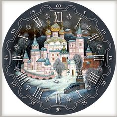 a clock with an image of a castle in the middle and numbers on each side