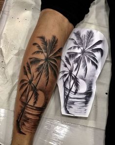 a person with a tattoo on their arm next to a piece of paper that has a palm tree on it