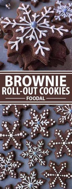 brownie roll - out cookies with white frosting and snowflakes on top