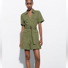 Zara Belted Poplin Dress Size Xs Khaki Green Color Sold Out Everywhere Brand New With Tags Pullover Cardigan, Floral Print Midi Dress, Poplin Dress, Spring Outfits Women, Spring Women, Mini Dress Casual, Loungewear Sets, Vestido Casual, Daily Dress