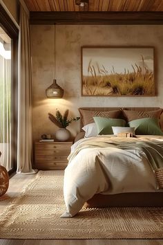 a bedroom with a large bed and wooden ceiling