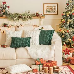 a living room decorated for christmas with presents on the floor