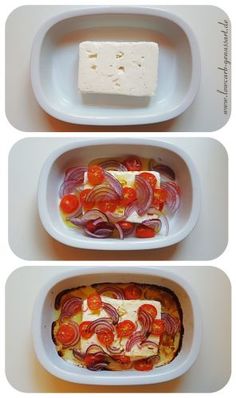 three pictures show different stages of food being made in separate serving dishes, including tofu and tomatoes