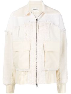 cream cotton-wool blend tweed frayed detailing patchwork design two side flap pockets front zip fastening classic collar long sleeves ribbed cuffs ribbed hem 23 Fashion, Jacket Details, Cotton Wool, Fall 2023, Patchwork Designs, Sewing Basics, Outerwear Jackets, Size Clothing, Varsity Jacket