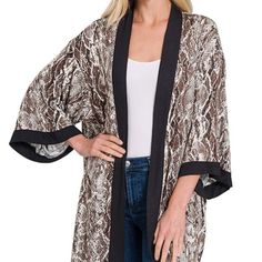 Snakeskin Print Open Front Kimono Cardigan Total Body Length: 31.5", Bust: 51" Approx. - Measured From Small * Color May Vary Slightly Due To Monitor Resolution Fall V-neck Kimono For Daywear, V-neck Kimono For Fall Daywear, Chic Open Front Fall Kimono, Chic Fall Kimono For Daywear, One Size Open Front Outerwear For Day Out, Casual Fall Kimono For Layering, Casual Fall Layering Kimono, Fall Day Out Kimono, Chic V-neck Outerwear One Size