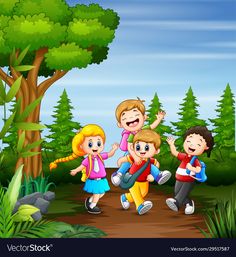 kids playing in the forest with trees and grass