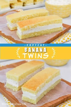 several different types of cake on trays with the words cornbread banana twins above them