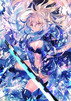 an anime character with long hair and blue eyes, holding two swords in her hands