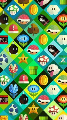 an image of many different types of video game characters on a checkered pattern background