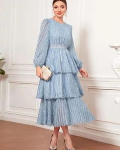 F00236867-103 Blue Long Sleeve Maxi Dress With Ruffles, Light Blue Long Sleeve Maxi Dress With Ruffles, Elegant Light Blue Tiered Maxi Dress, Fitted Sheath Dress, Plaid Pullover, Dress Crafts, 70 Dress, Slim Dresses, Early Spring