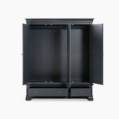 a black armoire with two drawers and one door open to show the inside of it