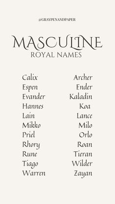 the cover of mascuine royal names, written in black ink on white paper