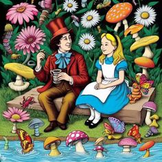 an image of alice and the mad hatter on a bench with flowers in the background