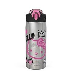 a hello kitty water bottle with pink accents