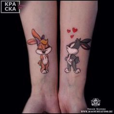 two tattoos on the legs of people with bunny and rabbit ears, one is holding a heart