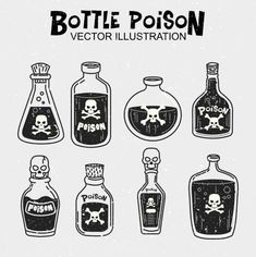 bottles with skulls and bones in them on a white background, hand drawn doodle style