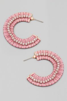 Raffia beaded hoop earrings Lightweight 1.5 inches Chic Shack, Beaded Hoop Earrings, Beaded Hoops, The Chic, Hot Pink, Hoop Earrings, Grey, Pink