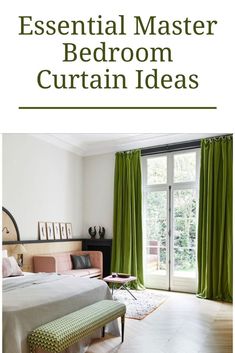 an image of a bedroom with green curtains