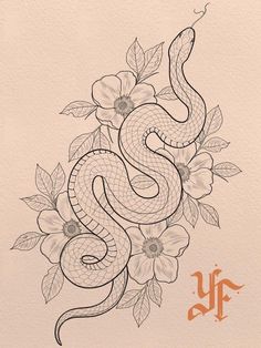 a drawing of a snake with flowers on it