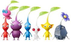 five different colored plastic toy plants with eyes and arms, each holding a single flower