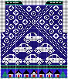 a blue and white cross stitch pattern with cars on the road in front of it