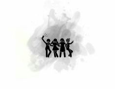 the silhouettes of three people are dancing together