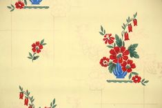 an old wallpaper with red flowers and green leaves on white background, including blue vases