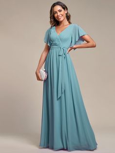 A-Line Pleated Chiffon Tie-Waist Evening Dress #color_Dusty Blue Light Blue Bridesmaid Dresses Short, Blue Bridesmaid Dresses Short, Bridesmaid Dresses Short, Light Blue Bridesmaid Dresses, Light Blue Bridesmaid, Dress Banquet, Goddess Gown, Dusty Blue Bridesmaid Dresses, A Line Evening Dress