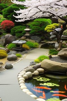 a japanese garden with koi fish in the pond and rocks on the path leading to it