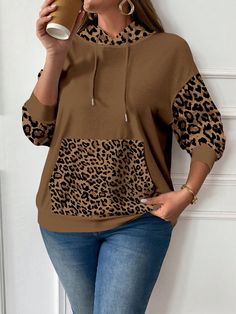 Plus Size Women's Casual Brown Leopard Patchwork Hooded Loose Sweatshirt, Suitable For Autumn And Winter Brown Casual  Long Sleeve Knitted Fabric Colorblock,Leopard Print,Textured Pattern Pullovers Slight Stretch  Women Plus Clothing, size features are:Bust: ,Length: ,Sleeve Length: Plus Size Sweatshirts, Long Pullover, Brown Leopard, Kids Sleepwear, Casual Hoodie, Women's Casual, Scarf Print, Long Sleeve Knit, Long Sleeve Pullover