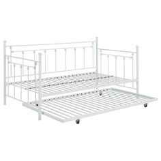 a white metal bed frame with wheels on the bottom and side rails, in front of a white background