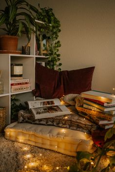 a pile of books sitting on top of a floor next to a plant and some lights